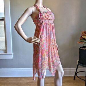 Vintage Y2K City Triangles Pink Paisley Mini Dress Halter Mesh Fairycore Size 3